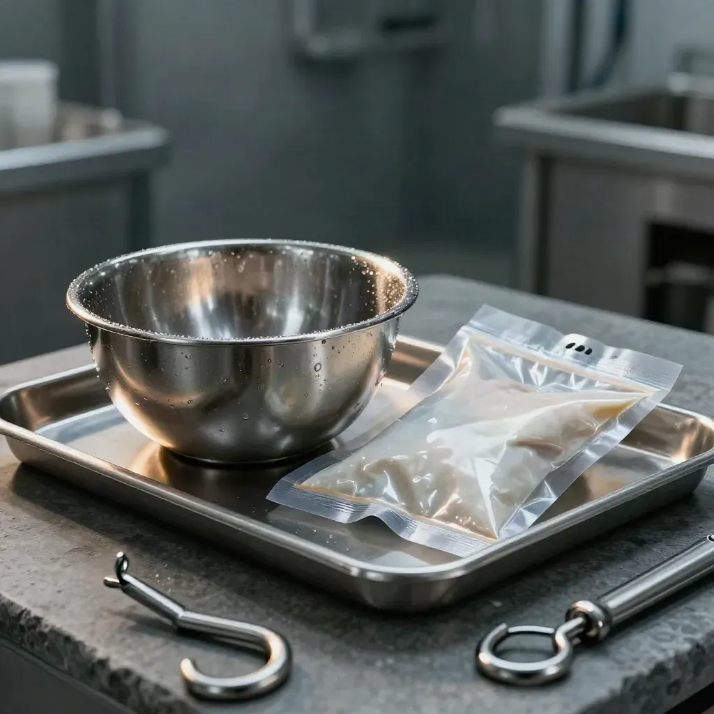 Stainless food-factory bowl, pouch, hook, and tray in cold macro light on stone.