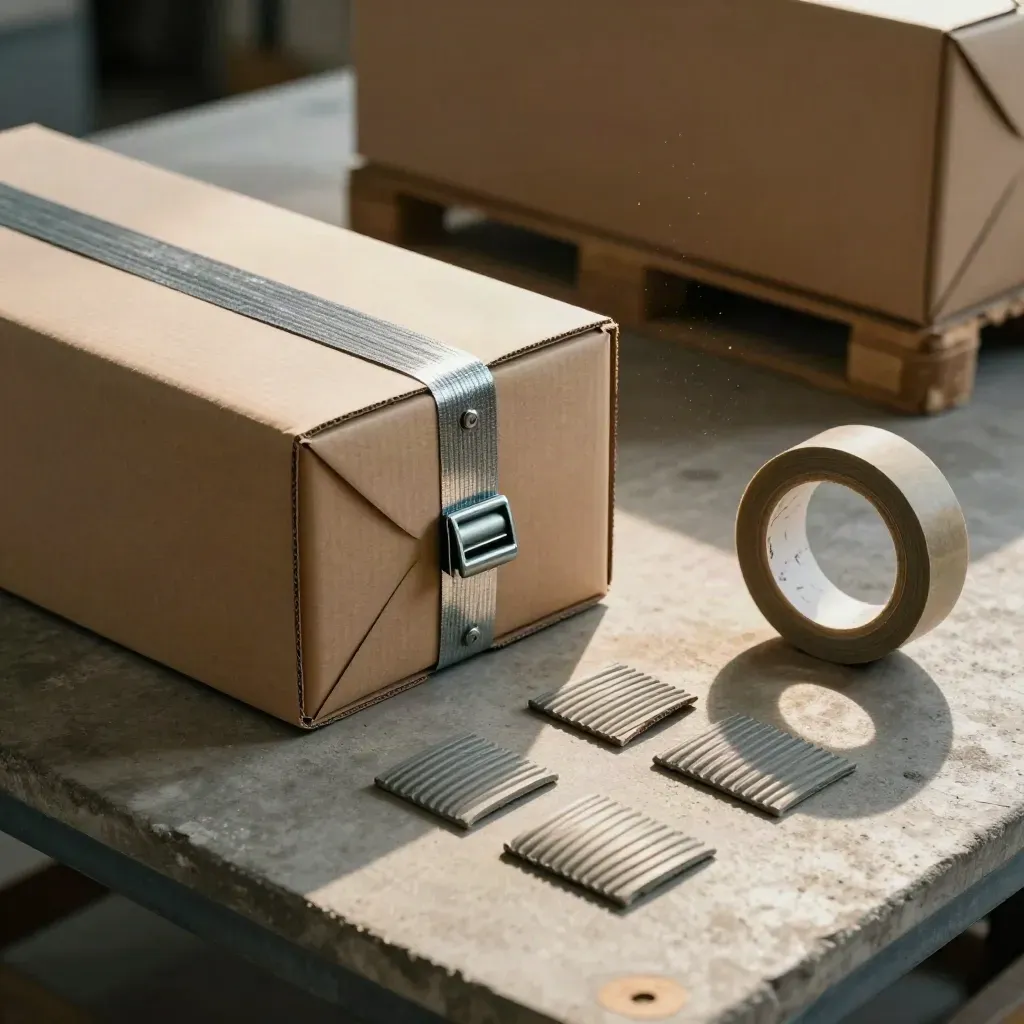 Packaging materials on pale concrete: carton corners, strapping buckle, tape roll, pallet protectors.