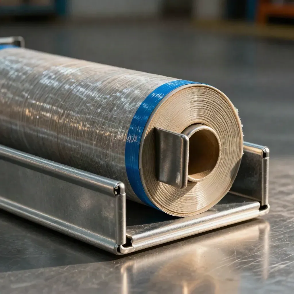 Industrial bin corner and fork sleeve hardware on brushed steel with blue accent
