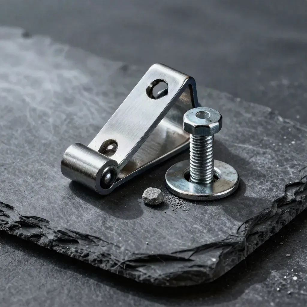 Overhead rail hardware still life on slate with mist and soft shadows