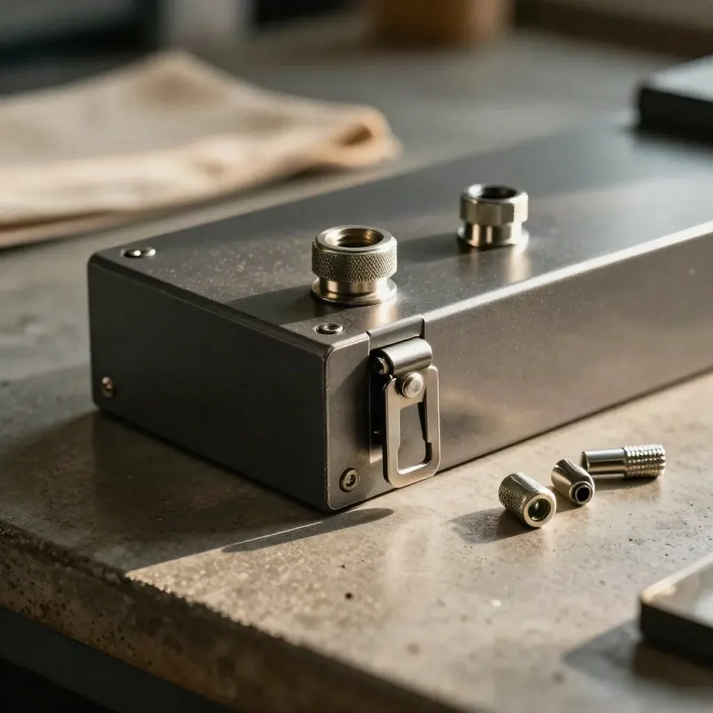 Powder-coated enclosure corner with latch, ferrules and cable glands on a steel bench.