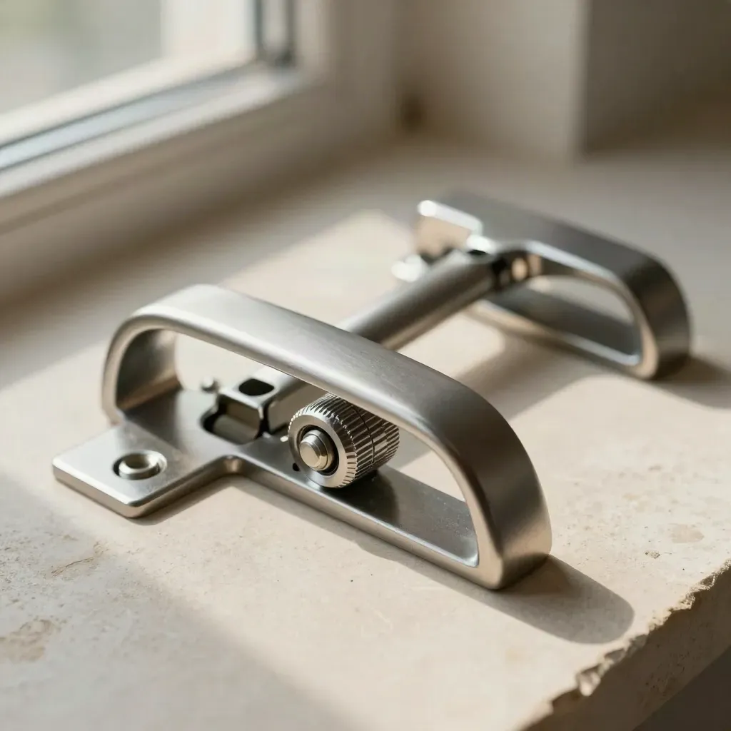 Macro still life of polished door hardware on pale stone with soft window light.
