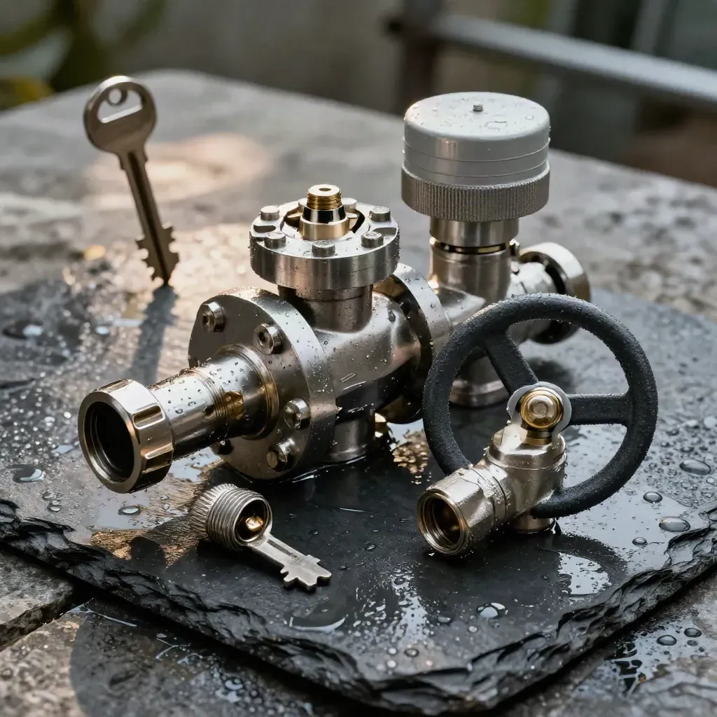 Overhead still life of wet water-system parts on slate: flange, sensor, coupler and valve wheel.