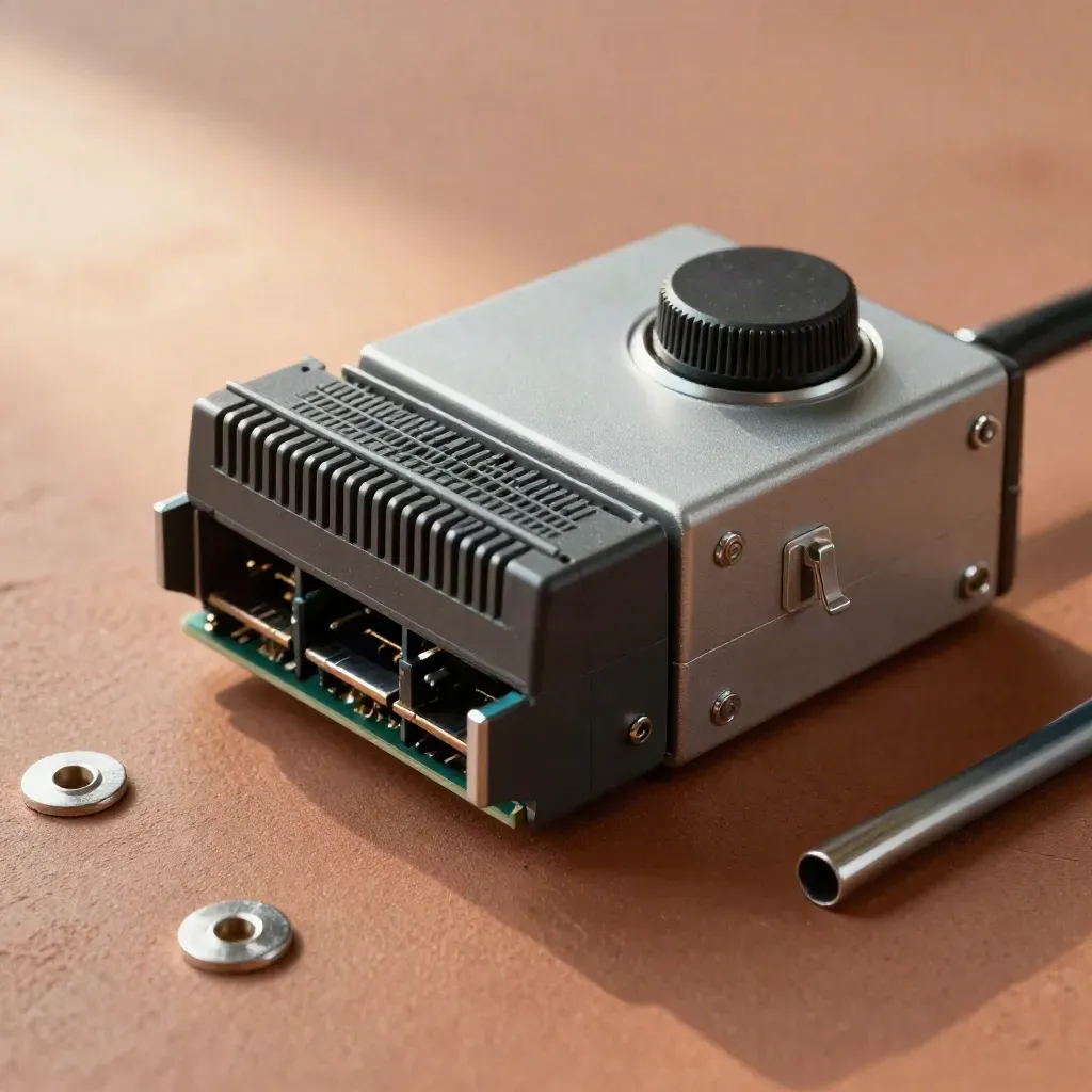 Macro of a PLC CPU module, I/O card and unmarked operator bezel on a terracotta service surface.