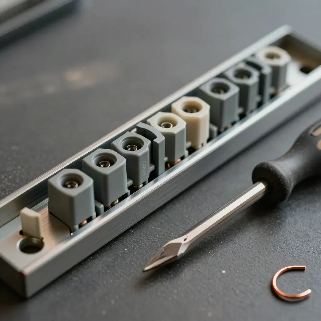 Overhead macro of terminal blocks, ferrule sleeves, and an insulated screwdriver on graphite.