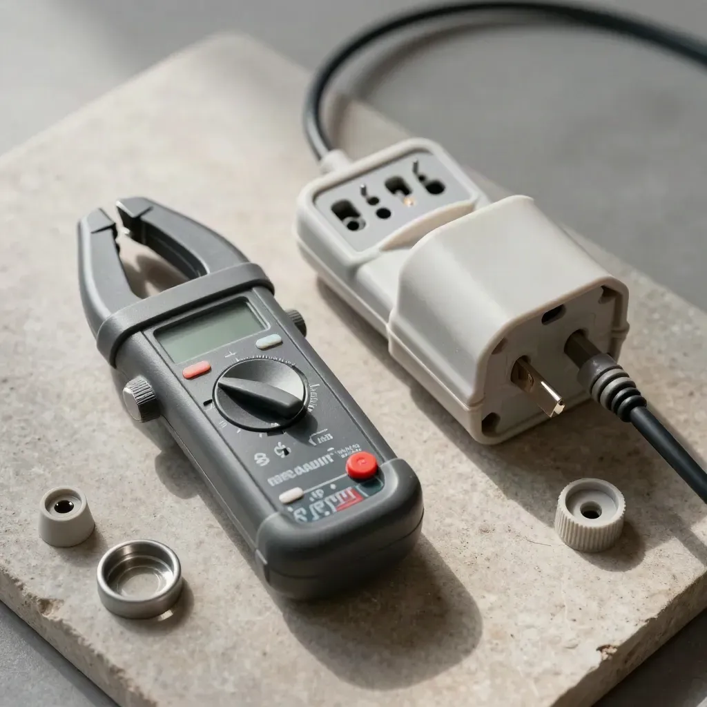 Clamp meter, plug-in tester and adapter shell on stone, lit from above.