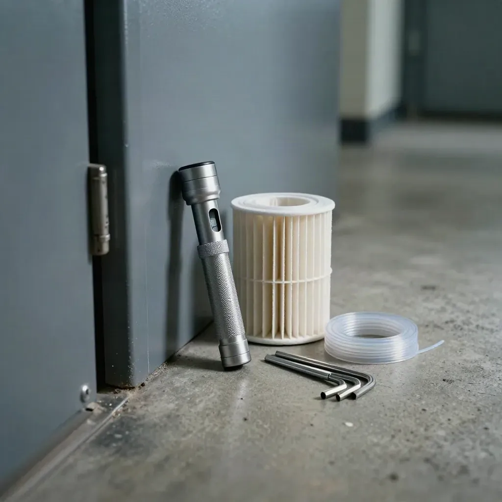 Maintenance torch, filter cartridge, hex keys and cable ties beside a corridor wall