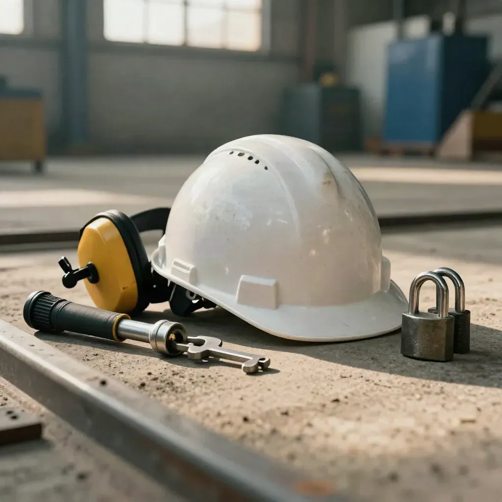 Hard hat, ear defenders, torch, isolator key and lockout padlocks on a dusty plant floor.