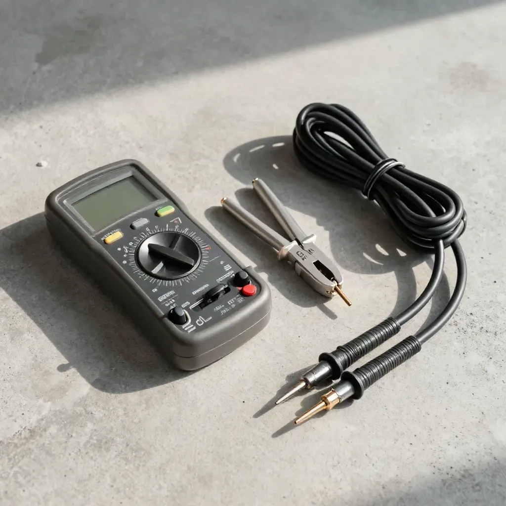 Overhead flat lay of multimeter, crocodile clips and coiled test leads on pale concrete.