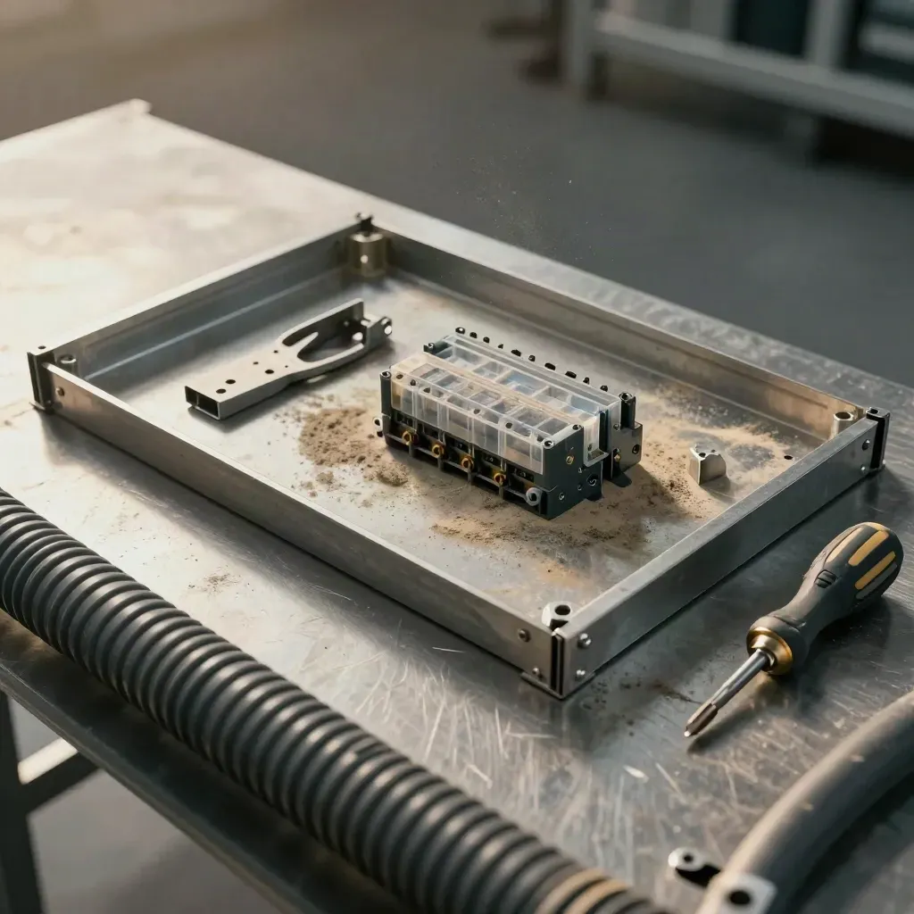 Automation enclosure parts, DIN rail, cable duct and torque screwdriver on a metal bench