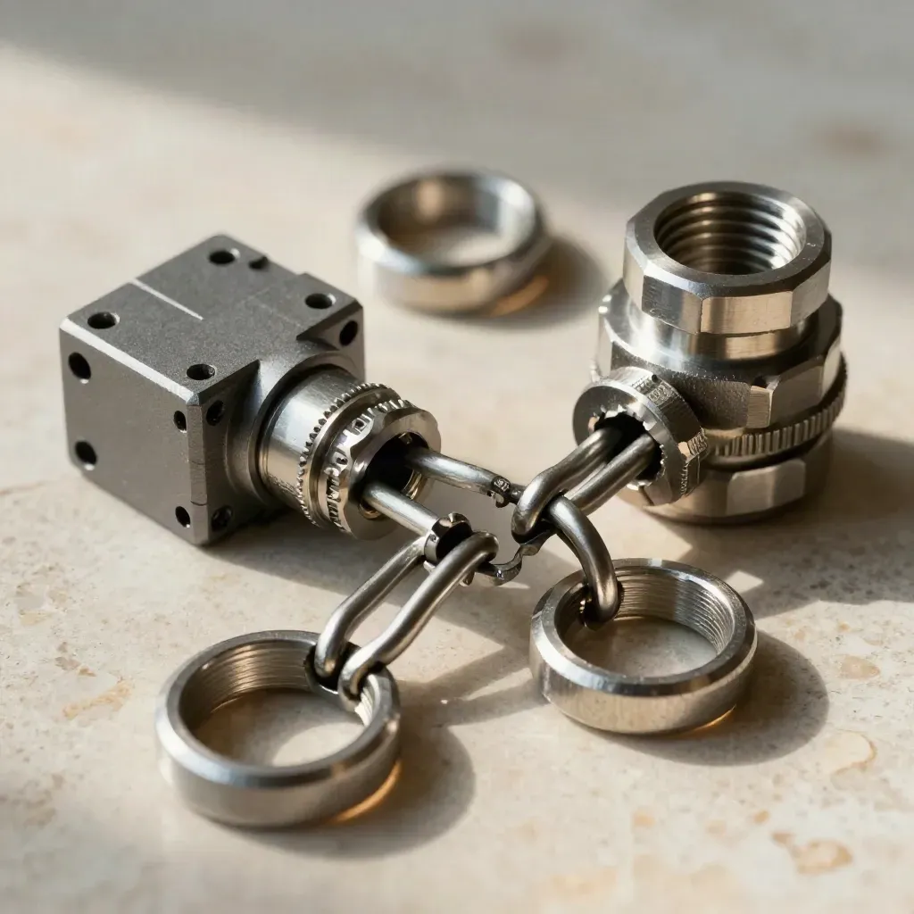Steel connector rings and a graphite coupling on brushed stone, overhead editorial still life.