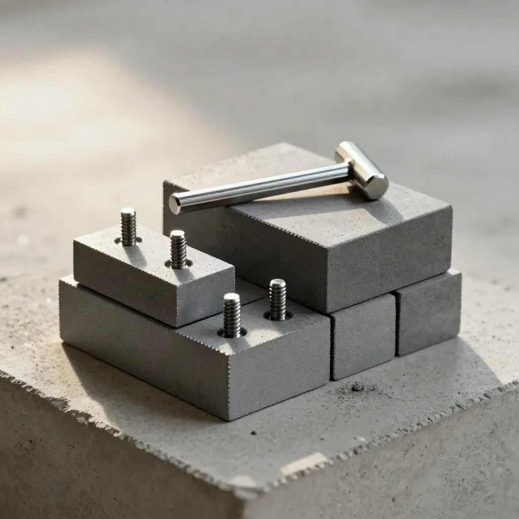 Stacked metal blocks, alignment pins, and a hex key on concrete