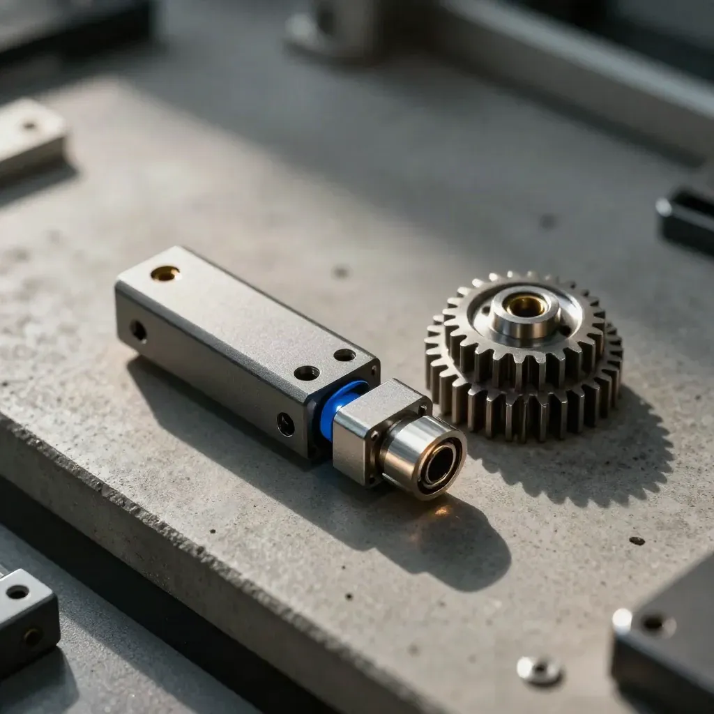 Macro hardware linkage parts bridging a completed join on a concrete workbench.