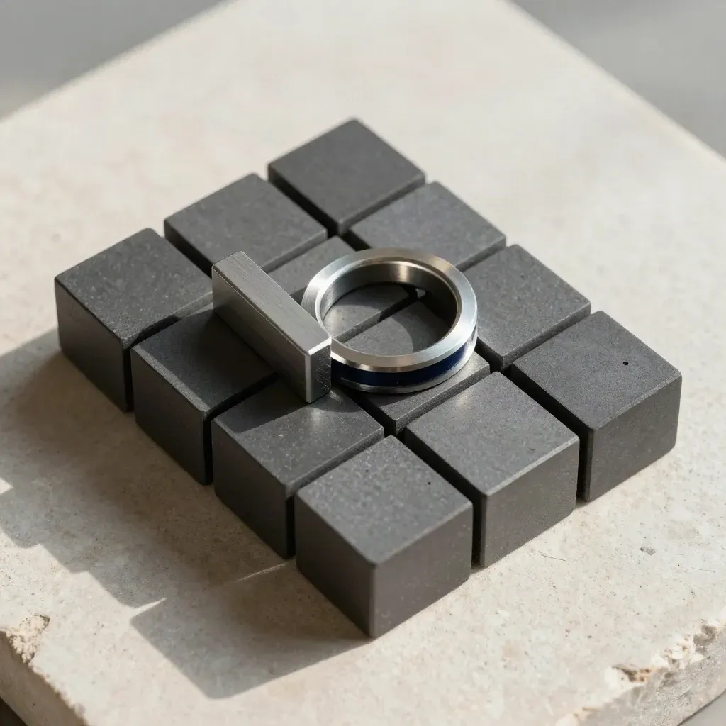 Overhead still life of graphite cubes, a machined bracket, and spacer ring on pale stone.