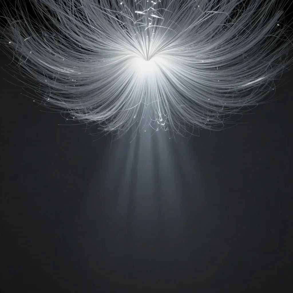 Silver light filaments bloom in a dark graphite void, leaving calm space for headline copy.